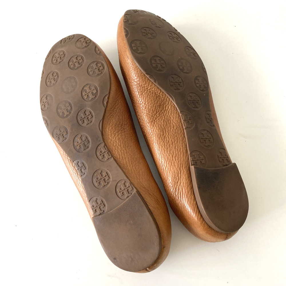 TORY BURCH Classic Minnie Ballet Flat Brown Leather Logo Slip On Round Toe Tan 9 - Picture 9 of 9